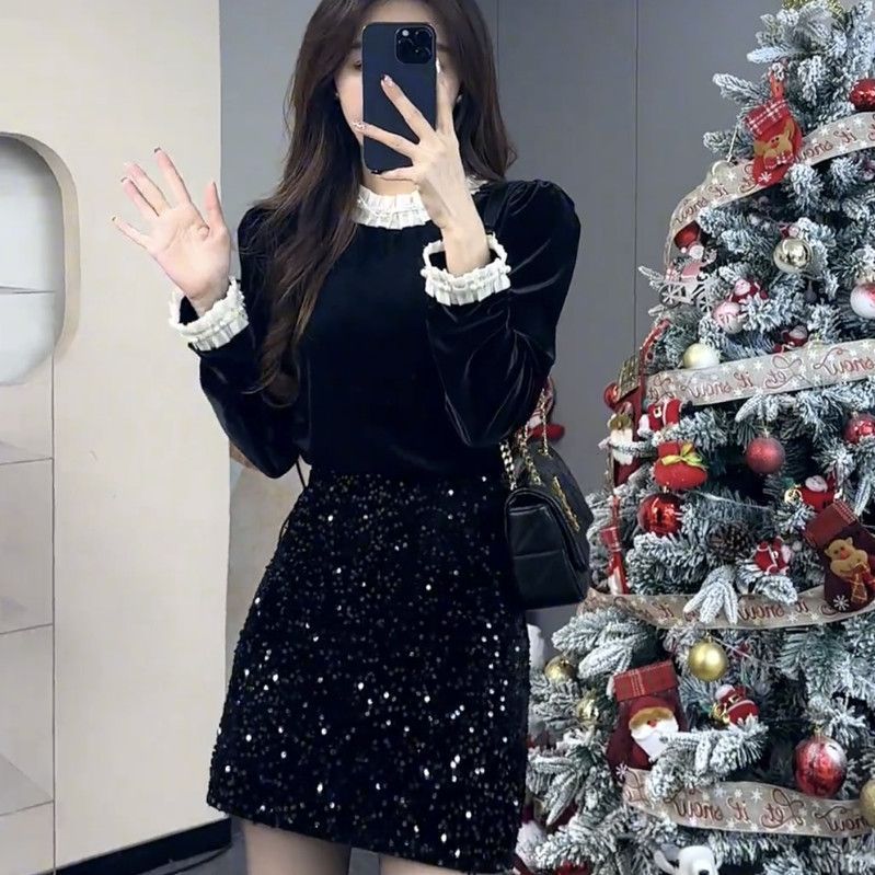 2024新款法式高级感气质名媛丝绒百搭显瘦亮片半身裙打底两件套