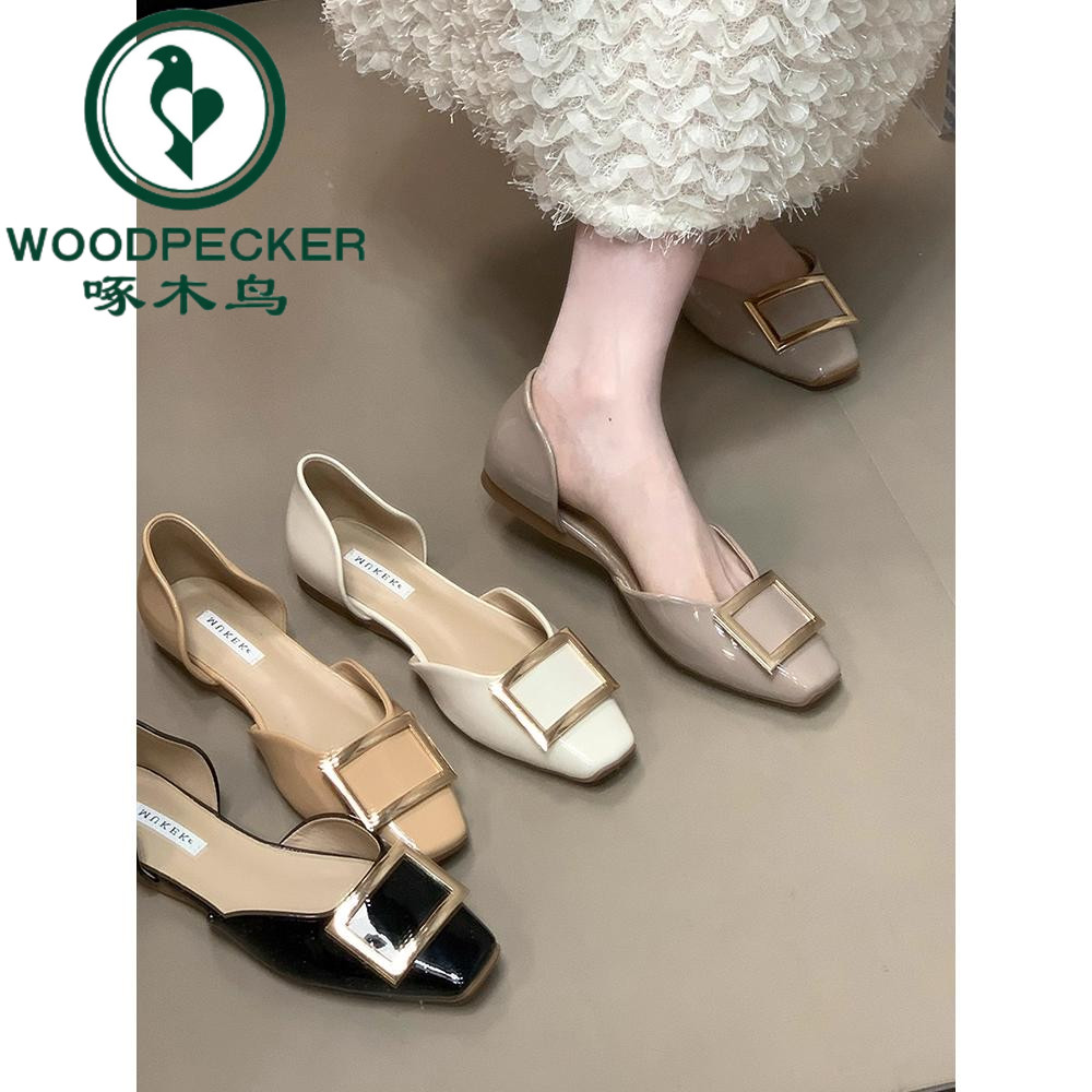 啄木鸟时尚方扣中空平底鞋女浅口包头凉鞋一脚蹬玛丽珍鞋法式单鞋