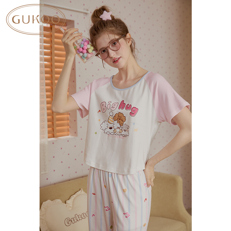 【Gukoo果壳】睡衣女春秋新款miiiiichan短袖长裤少女家居服套装