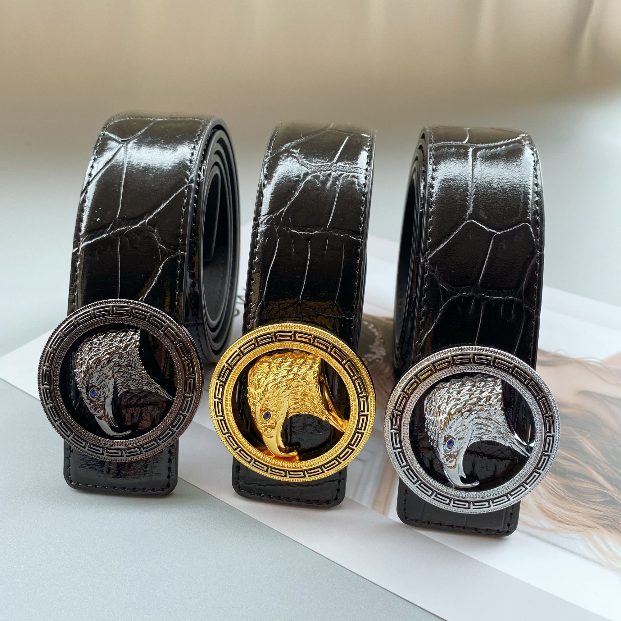 男士复古霸气鹰头扣时尚真皮皮带腰带平滑扣挂扣板扣裤腰带