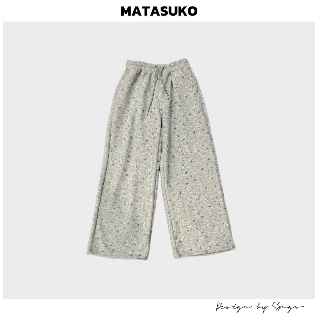 MATASUKO 碎花满印 柔软毛巾布面料 加绒抽绳长裤休闲裤