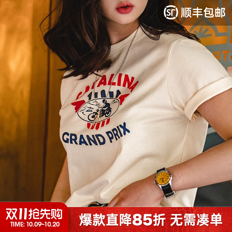 马登2025新款美式白色正肩纯棉磨毛短袖印花t恤修身独特漂亮小衫