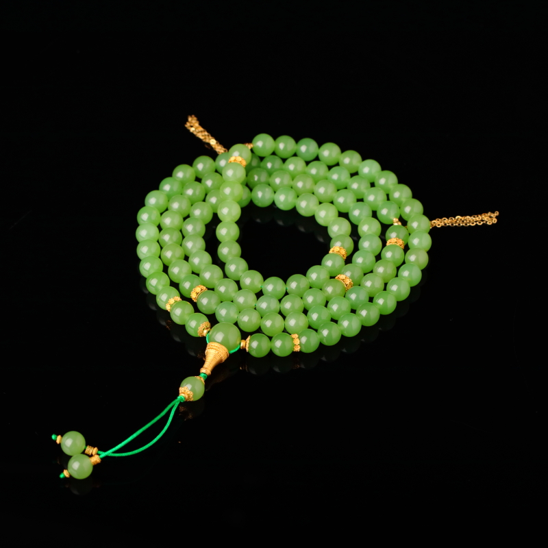 【泓贝珠宝-N753】18k金配饰和田玉苹果绿色圆珠项链NGTC国检证书