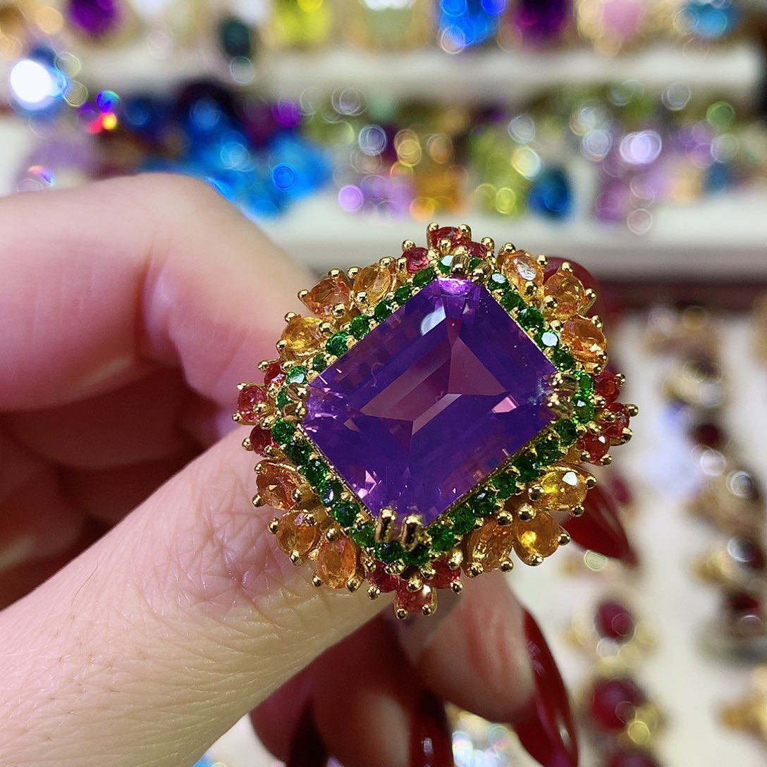 紫晶戒指银S925镀金镶嵌