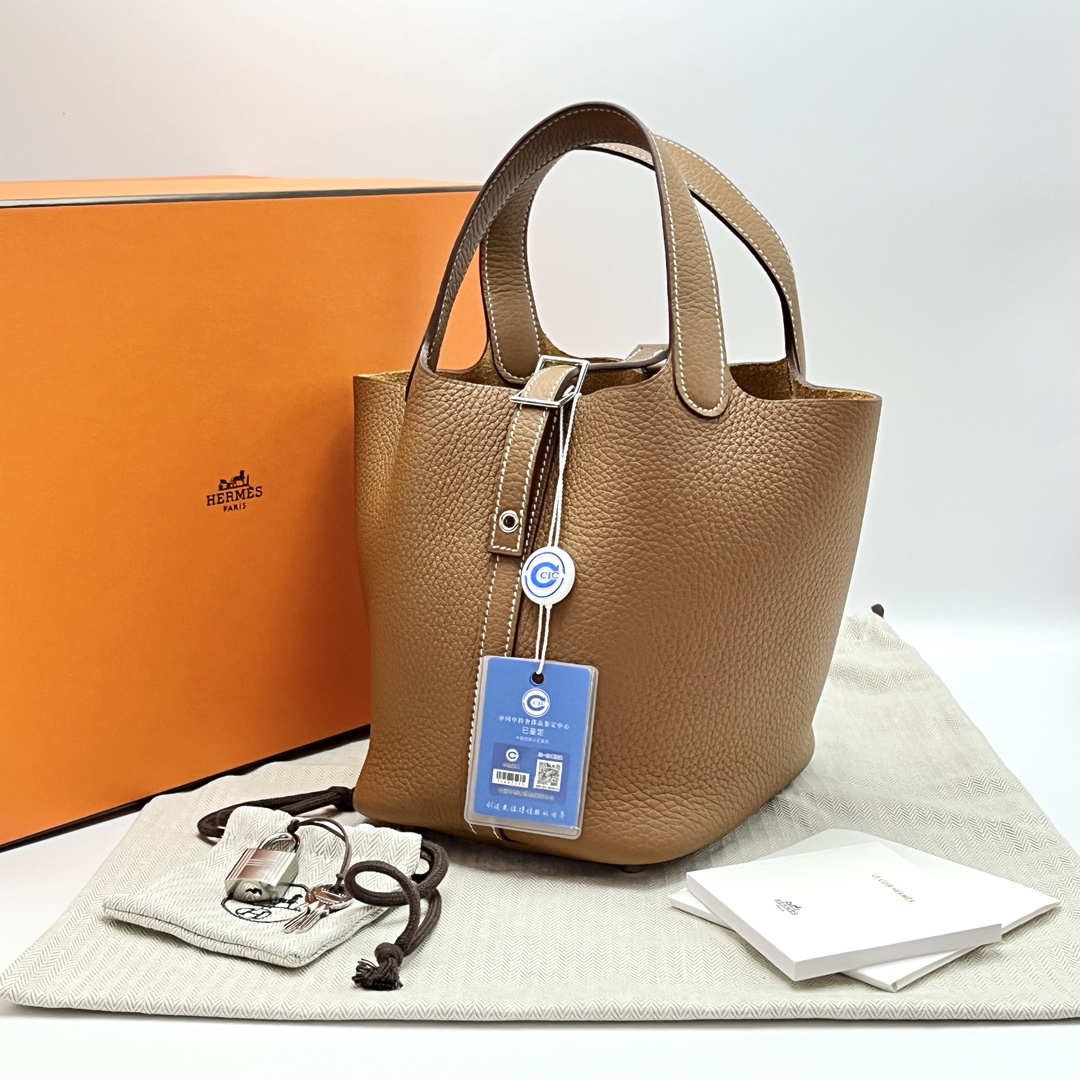 99新 Hermes/爱马仕 金棕银扣菜篮子18手提袋02093
