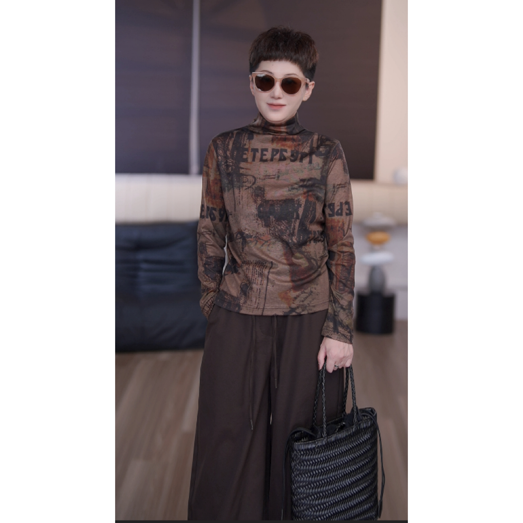 【艳姐推荐】秋冬新款花色气质百搭高领T恤上衣25581