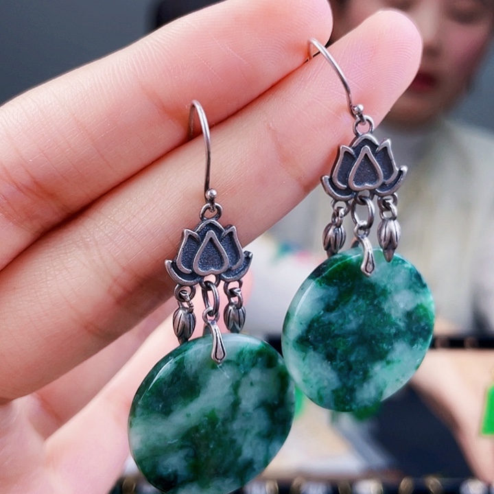 翡翠耳饰银S925镶嵌饰品