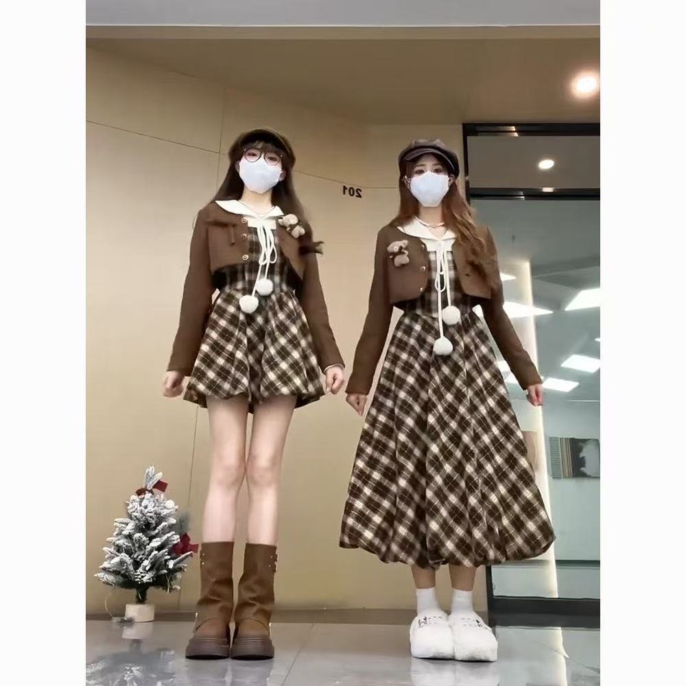 小熊长短款秋冬复古学院风短外套连衣裙花苞裙两件套套装
