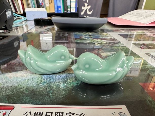 九谷烧 青瓷 鸳鸯筷置 小摆件一对