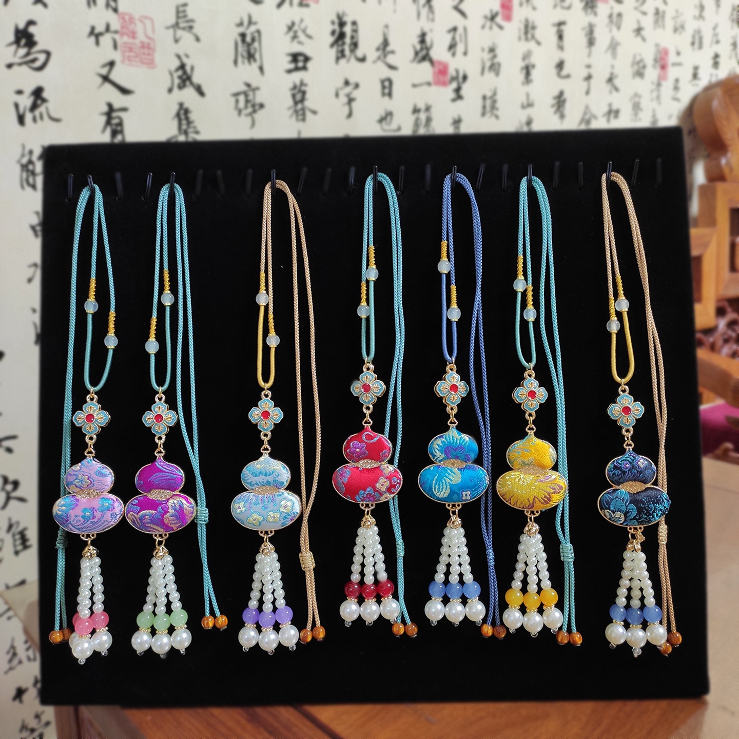 合金布艺吊坠 中式国风非遗宋锦双面葫芦挂件吊坠流苏项链挂坠