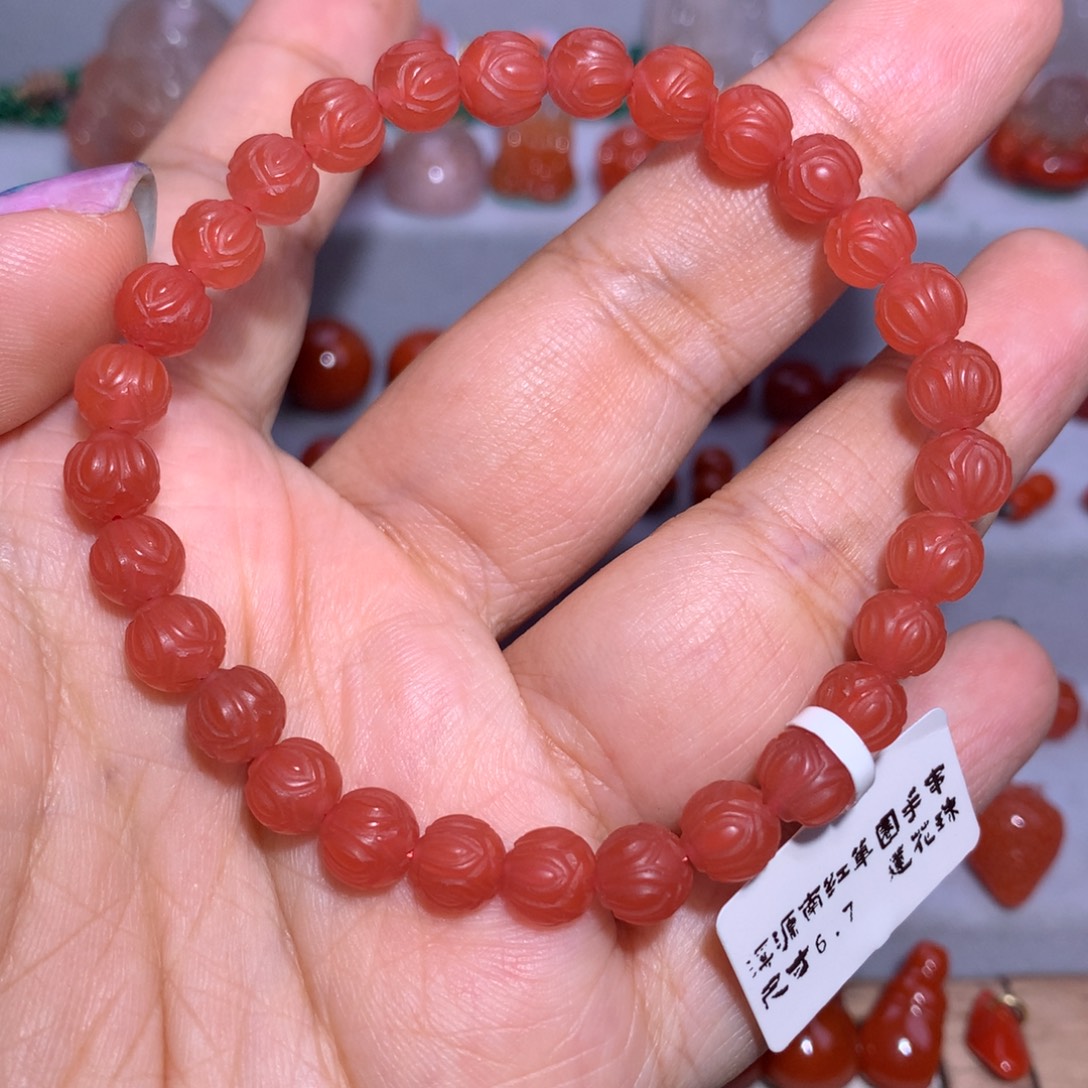 未镶嵌莲花圆珠串6.6南红玛瑙