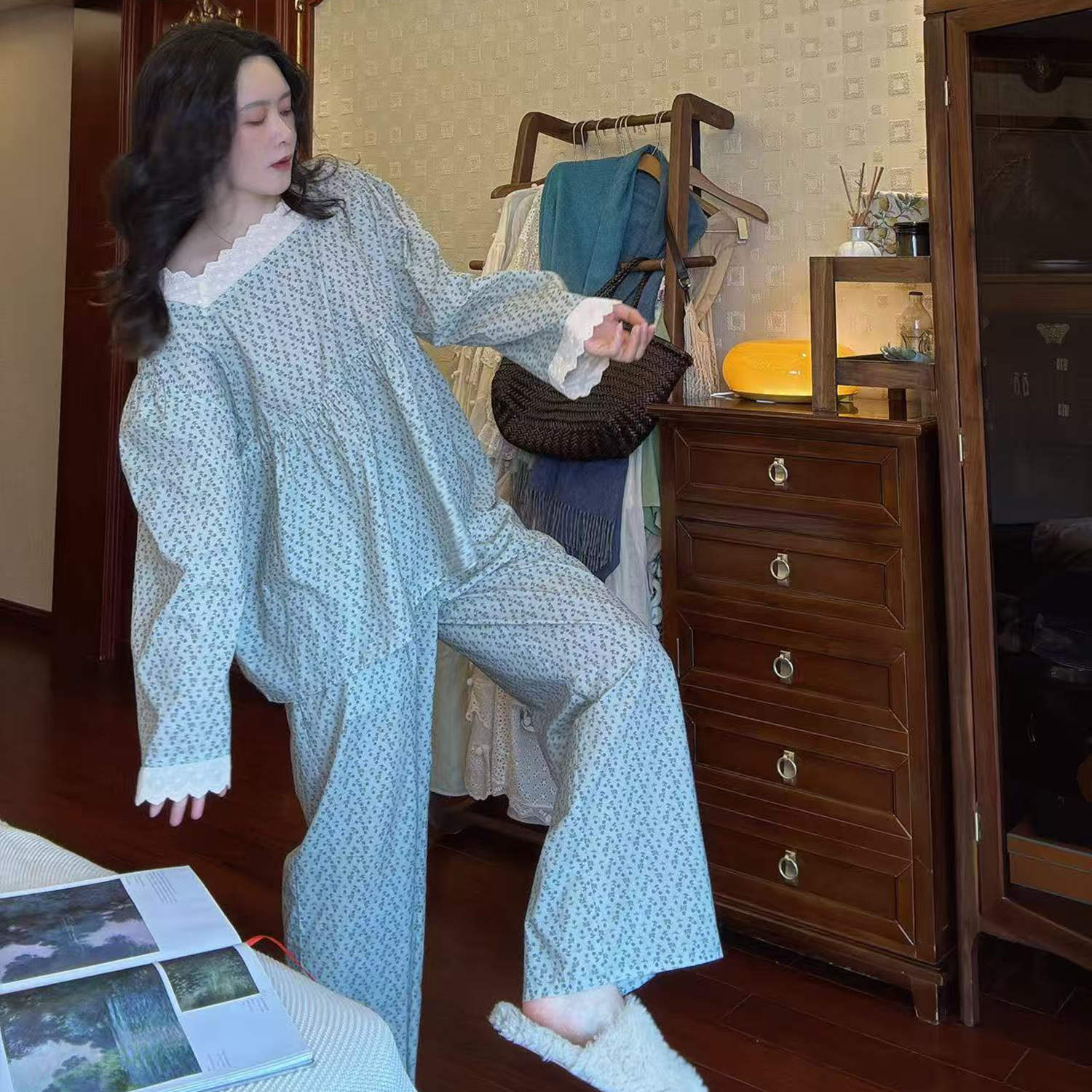 小清新方领显白纯棉小碎花睡衣女长袖新款宽松套装家居服舒适套头