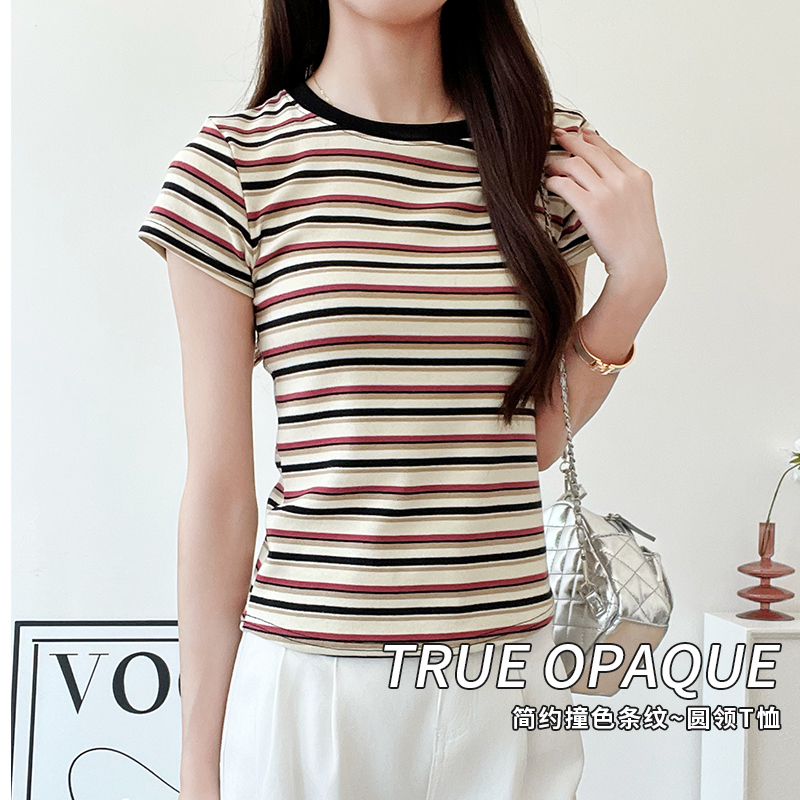 圆领复古撞色条纹短袖t恤女2025夏季修身显瘦小众正肩上衣