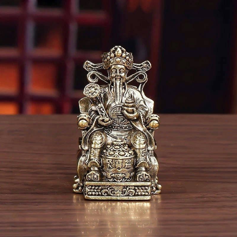 纯黄铜如意聚宝盆财神爷摆件家用办公室客厅桌面店铺开业礼品