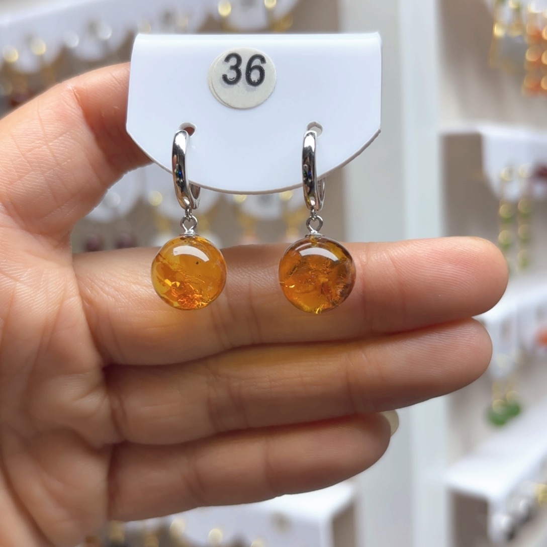 琥珀（花珀）耳饰银S925镶嵌花珀