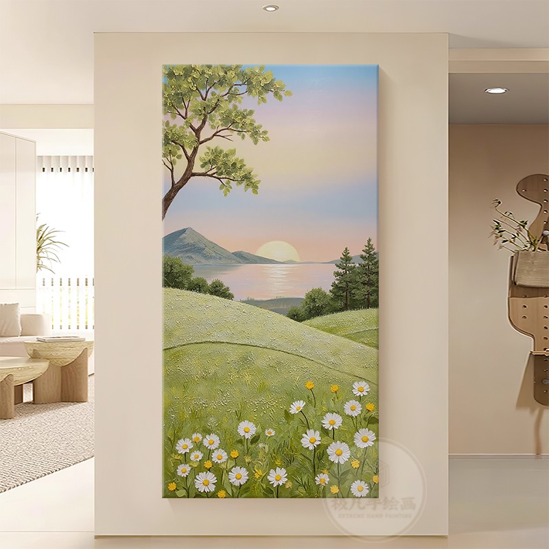 奶油风山水风景纯手绘肌理油画玄关走廊过道高级感挂画客厅装饰画