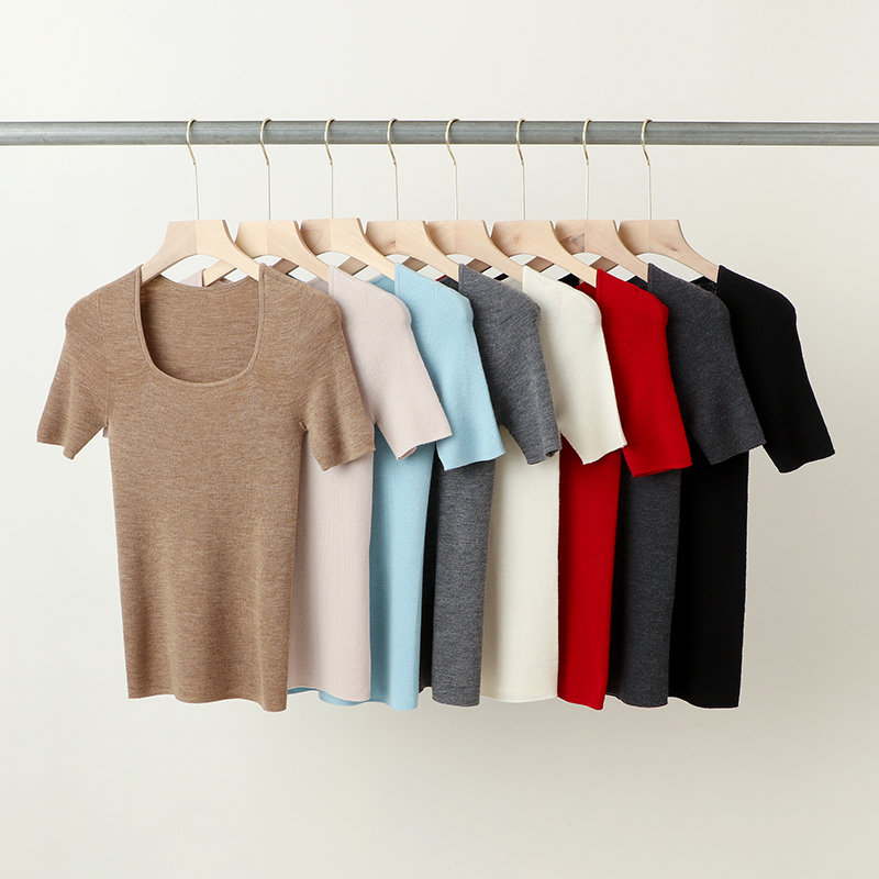 MC18027扬子60支精纺全毛方领领无缝针织短袖夏季爆款