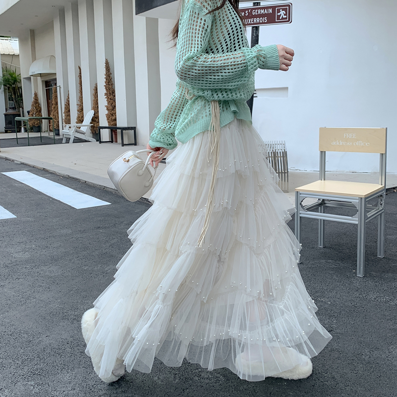 重工层层纱钉珠拼接长裙秋冬高腰显瘦网纱蕾丝蛋糕裙甜美仙女裙子