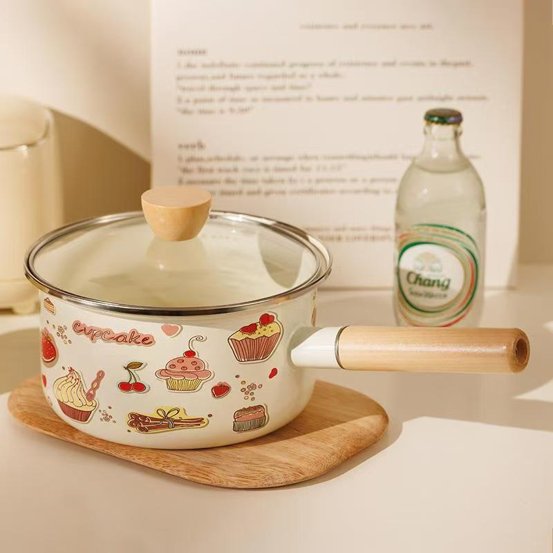 【七喜】18cm单柄锅蛋糕花 奶锅单柄搪瓷珐琅汤锅辅食锅加厚