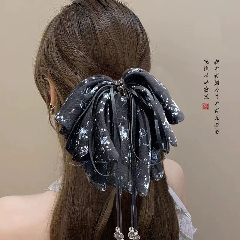 黑色碎花蝴蝶结流苏抓夹女后脑勺半扎发马尾夹新款头饰发饰2195
