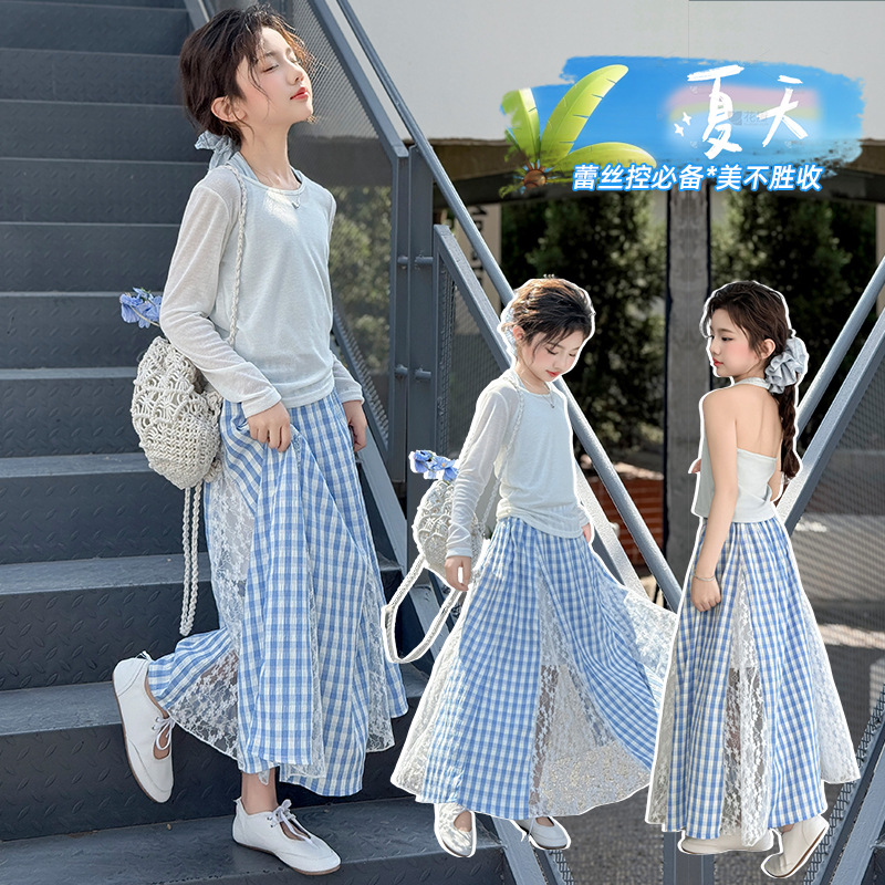 女童夏季套装2025新款时尚女孩韩系中大童洋气冰丝格子夏装