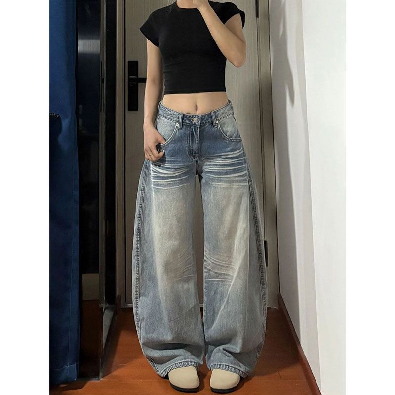 小个子设计感口袋刺绣阔腿牛仔裤女新款低腰宽松显瘦直筒拖地长裤