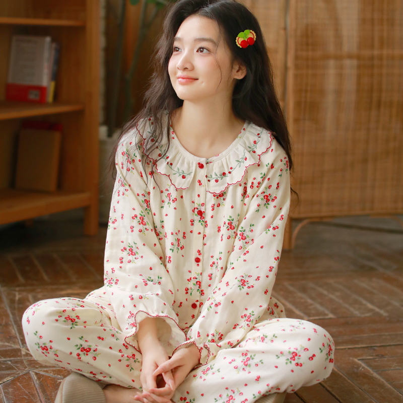 春秋纯棉女士甜美睡衣减龄舒适三层棉纱长袖长裤家居服套装246194