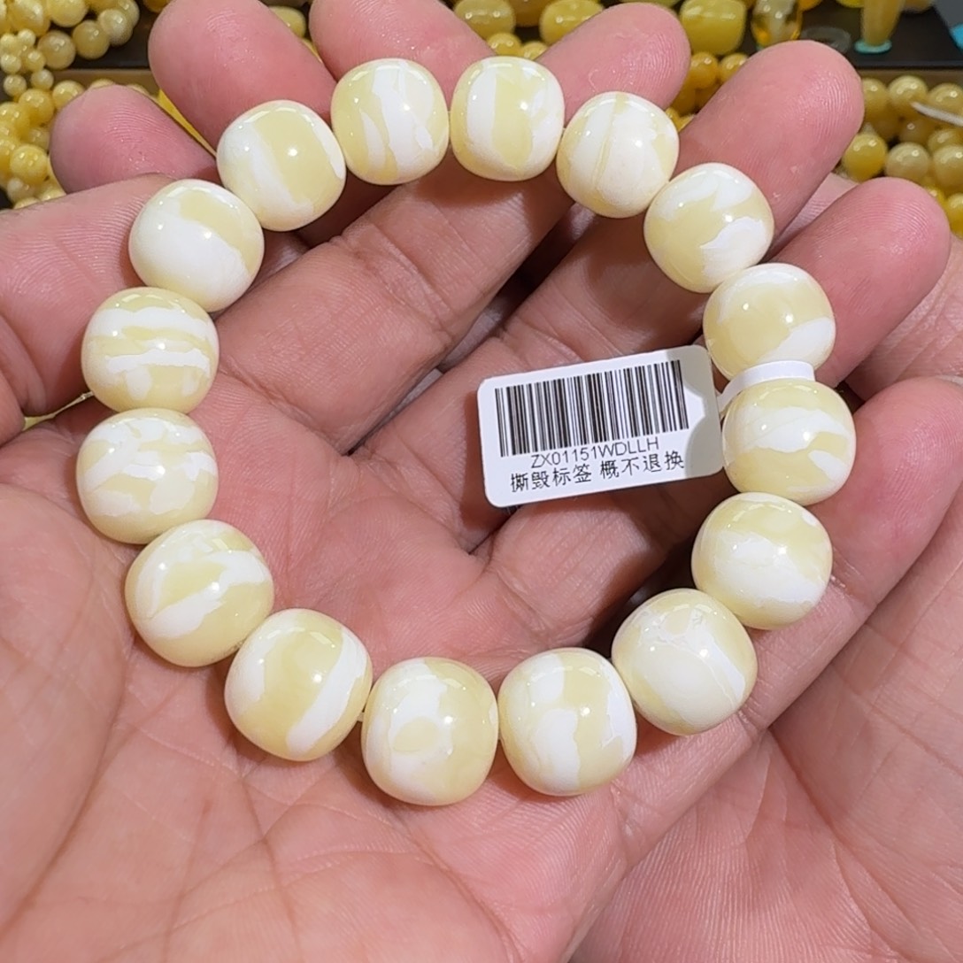 琥珀手链未镶嵌14m焦皮同料老型瓷白花蜡串26.3克