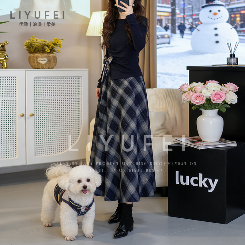 【加绒加厚】蓝色毛呢格纹半身裙2025新款秋款复古高腰a字长款伞裙