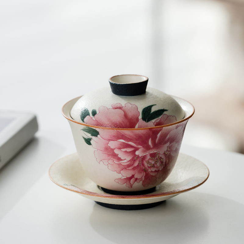 牡丹花青花岩矿白三才盖碗功夫茶具茶杯家用复古陶瓷带盖泡茶碗