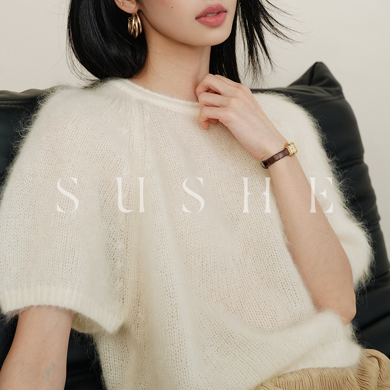 束皙/SUSHE 奢牌同源超幼马海毛纯色弹力女针织套头短袖毛衣秋季