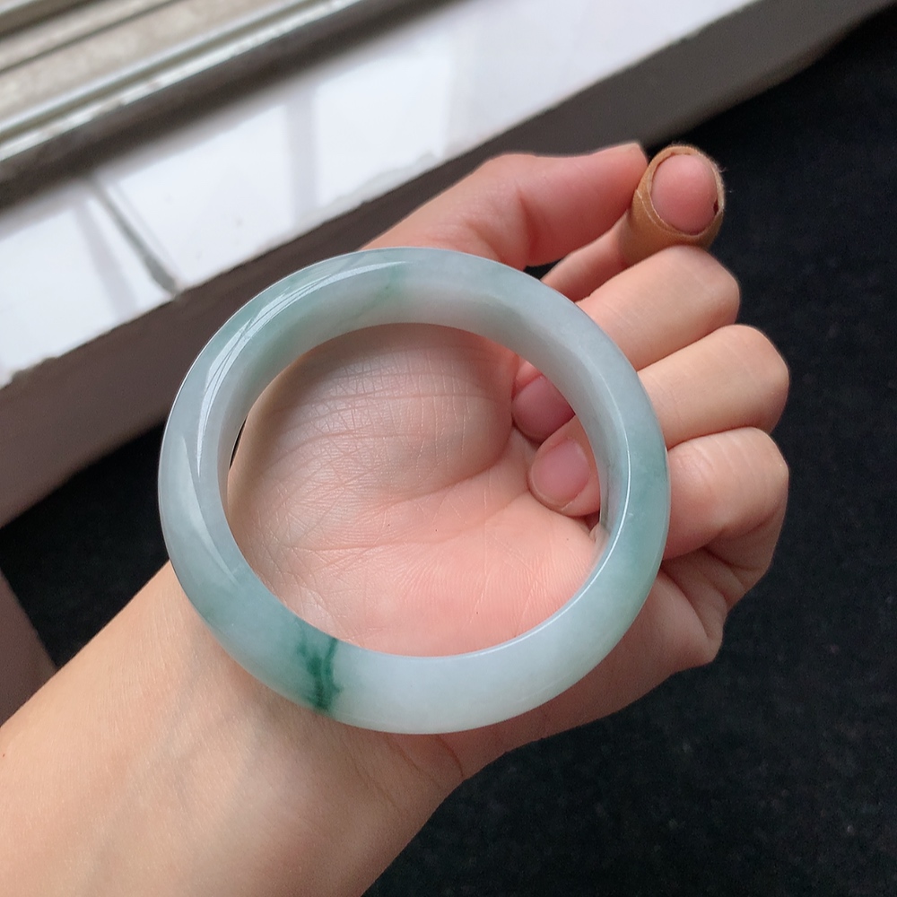 1514号 缅甸天然A货翡翠手镯52圈口飘花宽边正装手镯