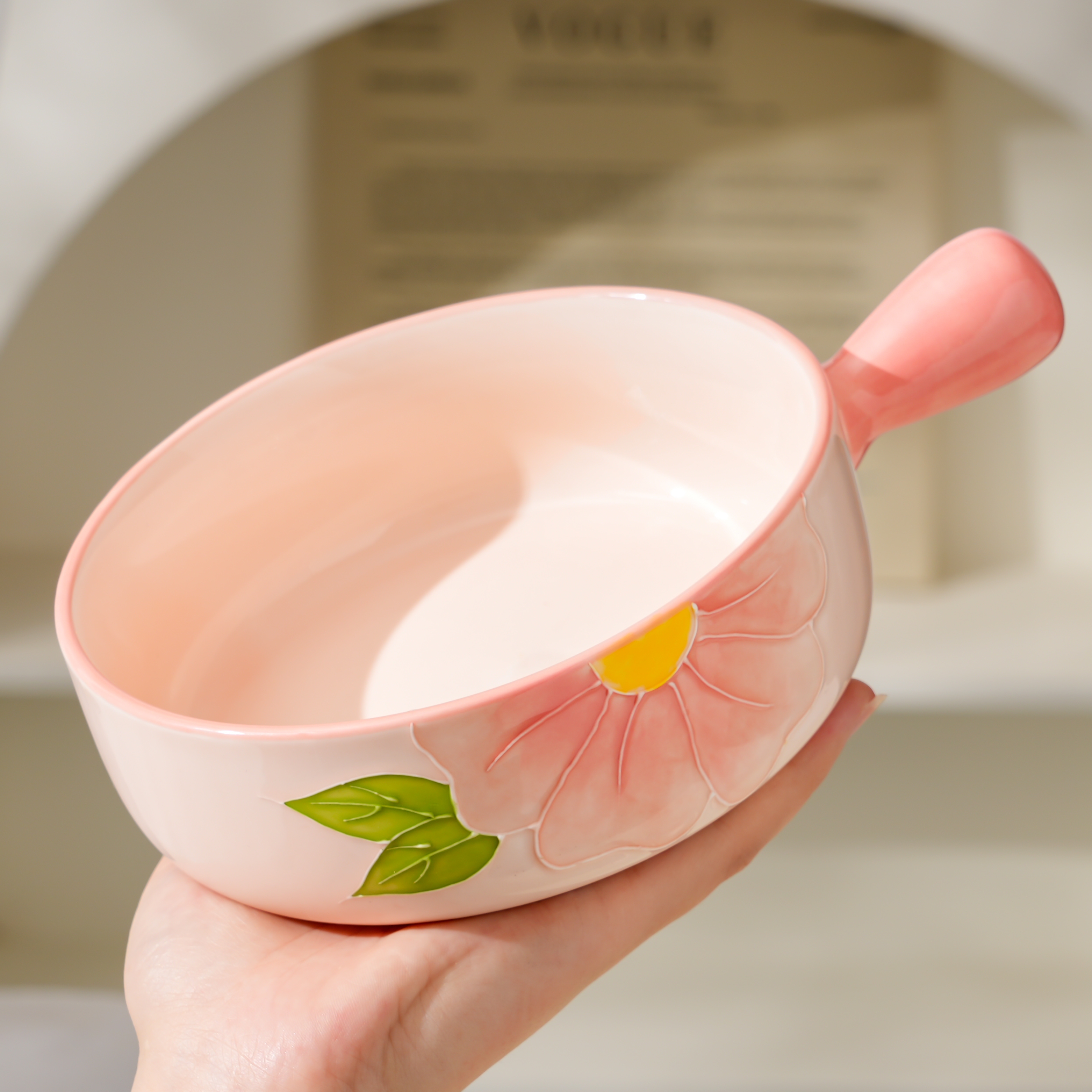 清晨物语6英寸1碗1勺陶瓷高温釉下彩手绘浮雕手柄碗小清新面碗