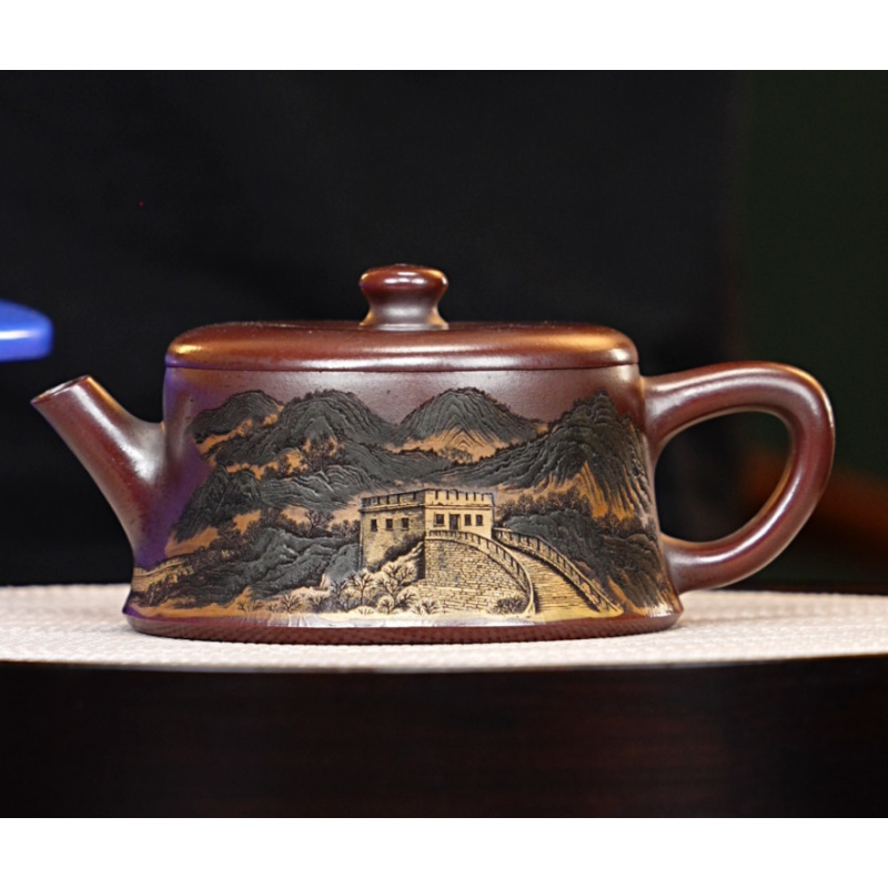 宜兴紫砂 柱础壶底槽青彩陶刻 陈红