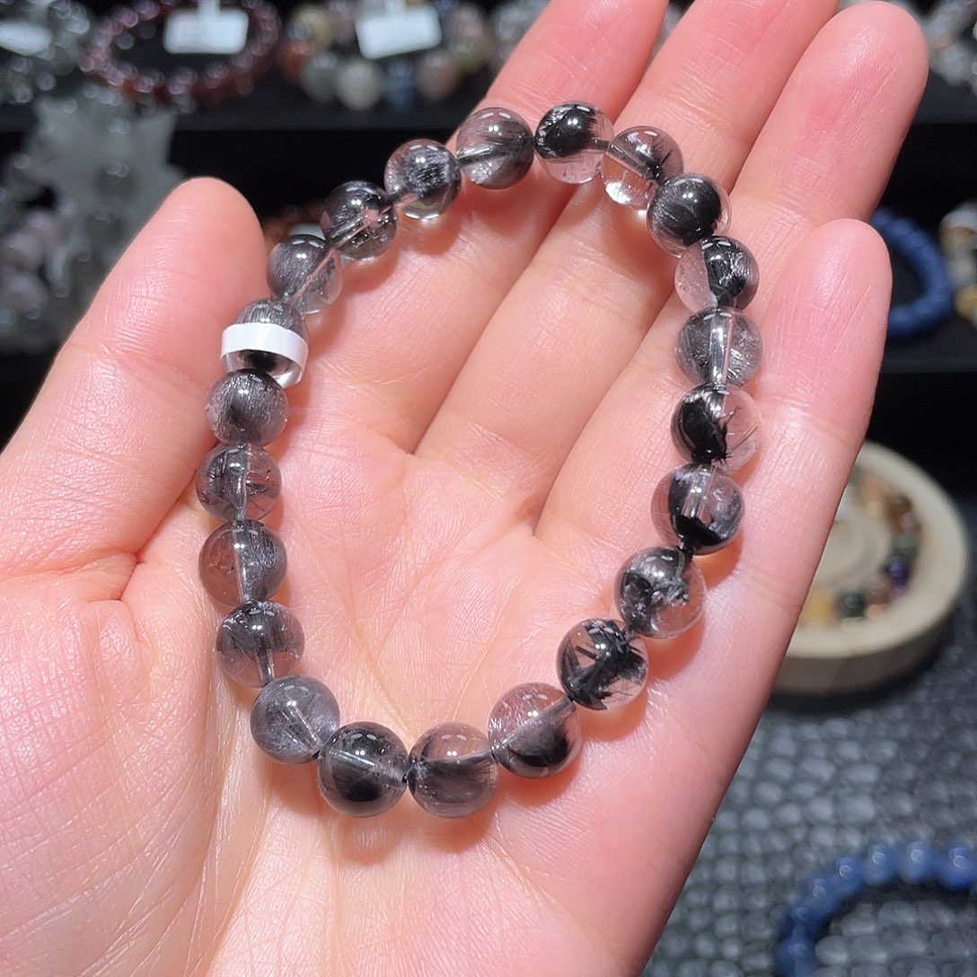 水晶手链未镶嵌黑银钛晶手链，晶体通透