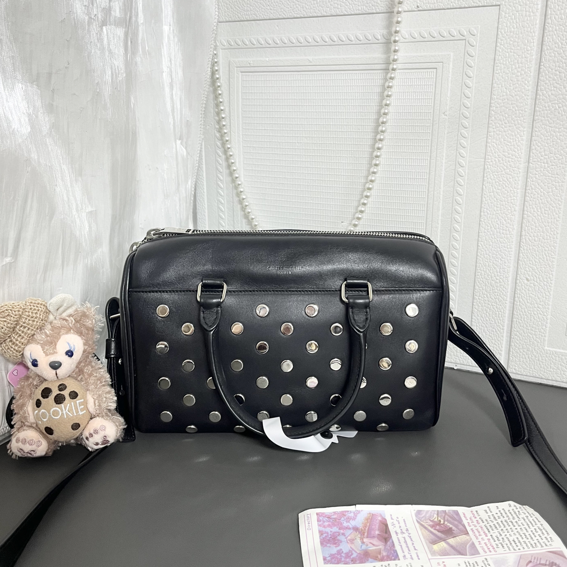 95新 YSL/圣罗兰 95新黑色铆钉波士顿小号斜挎包