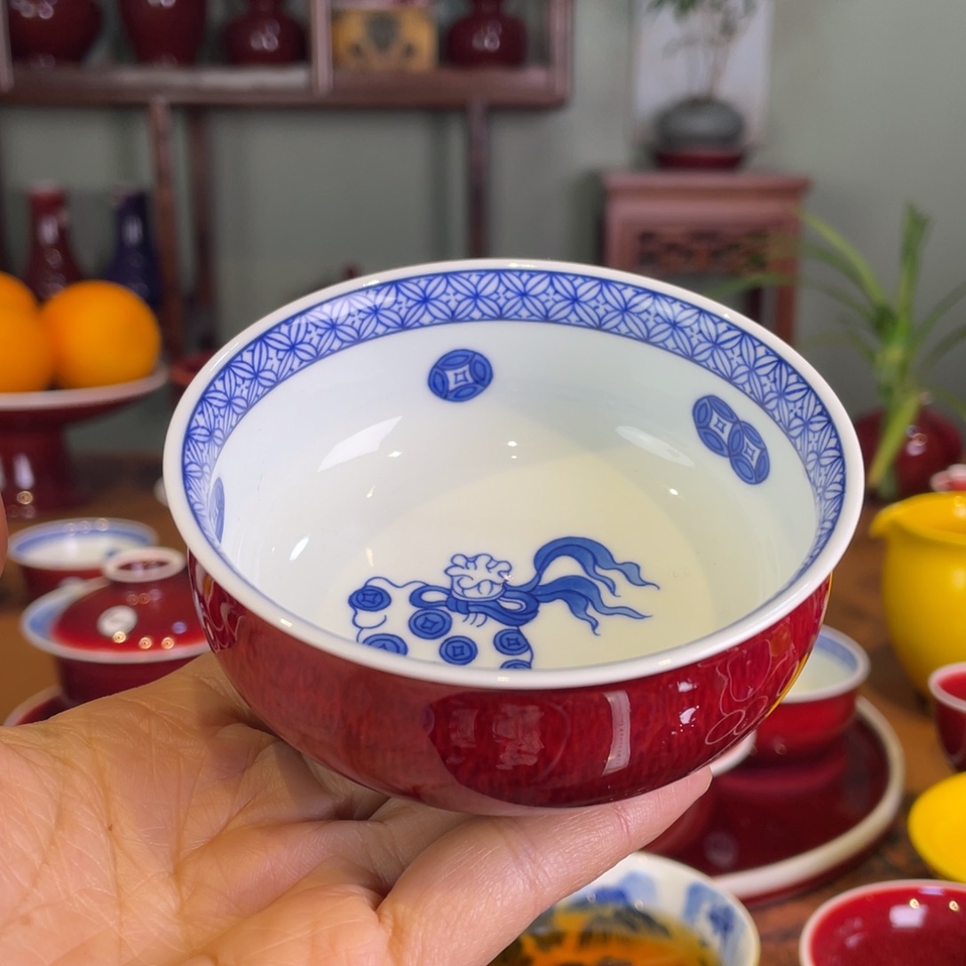 清欢雅玩原矿郎红内绘铜钱纹炉士杯