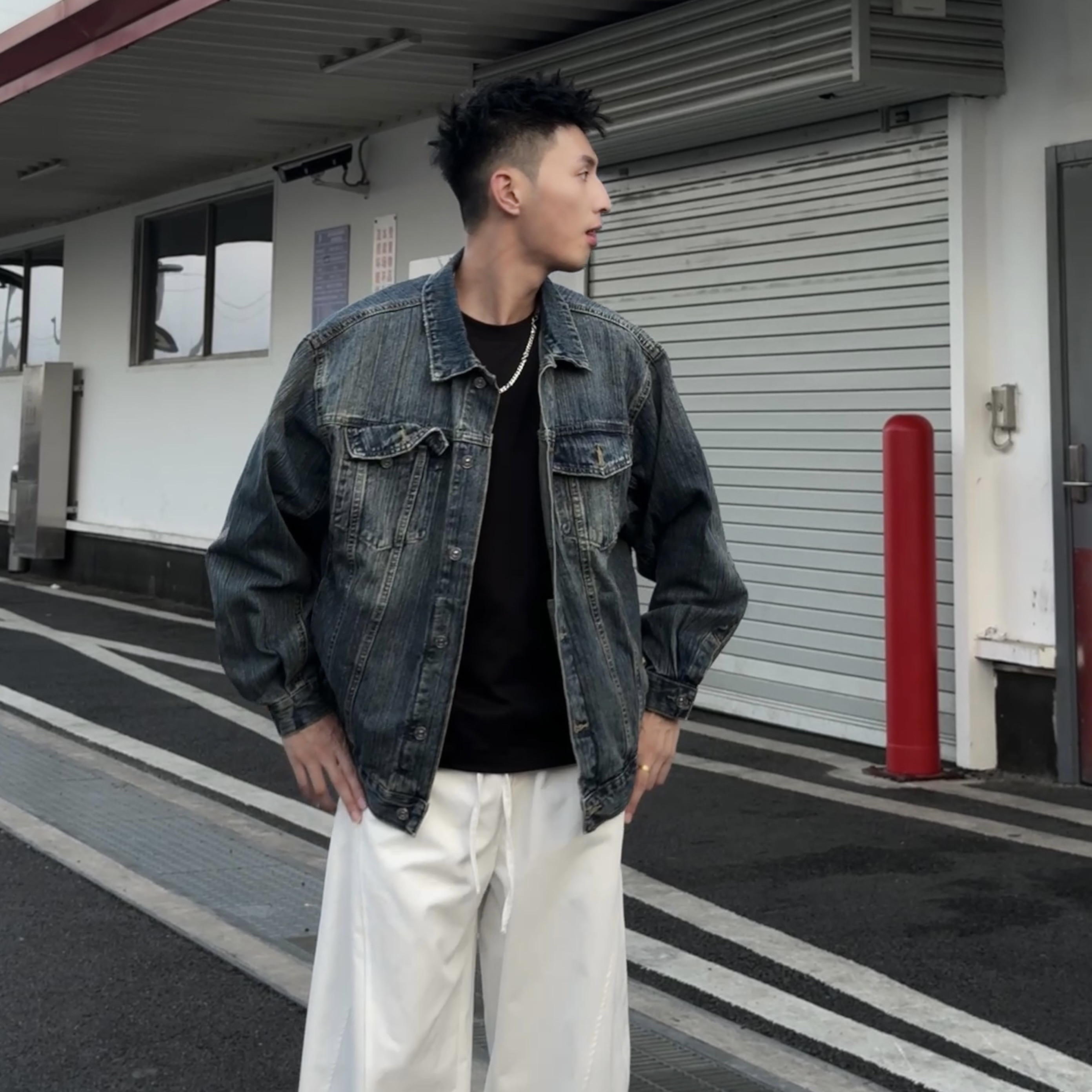 Aye秋季重磅宽松男复古美式复古扎染短款夹克短水洗牛仔外套