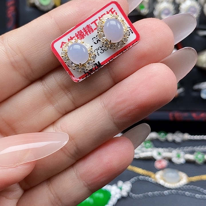 翡翠银S925镶嵌耳饰缅甸翡翠
