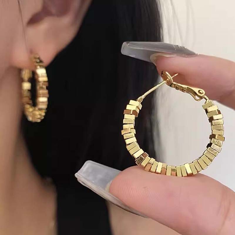 925银玻璃耳饰 铜合金耳饰银针欧美小众设计小方块银子轻奢耳圈