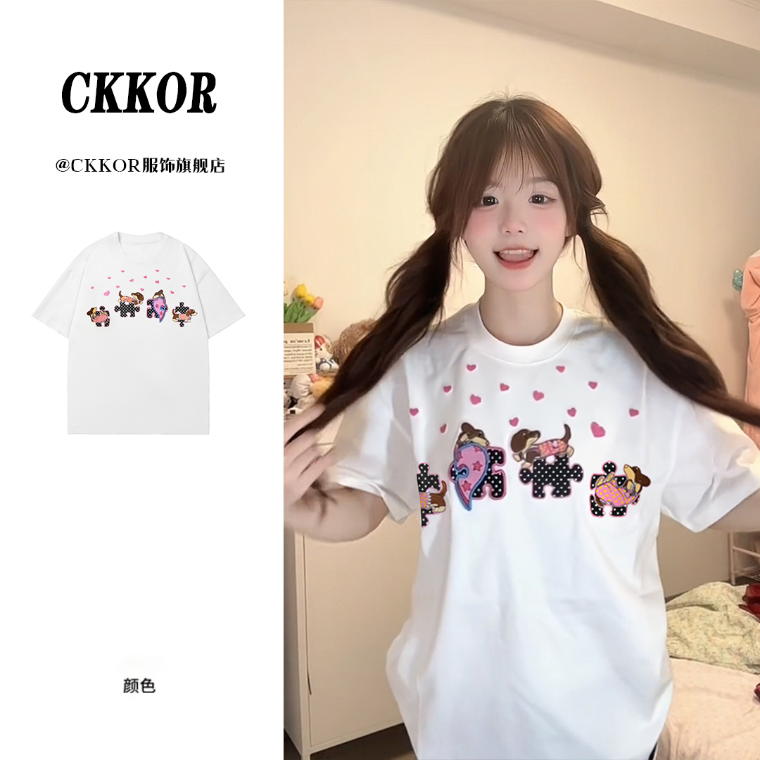 CKKOR夏季新款简约卡通t恤女休闲百搭少女风设计感宽松显瘦上衣服