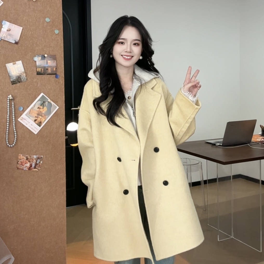 25两件套冬季保暖毛呢外套拼接连帽常规款长款女常规秋冬