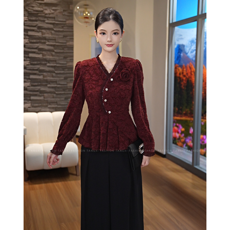 2025秋季新款【QQ-D902-1】轻奢法式胸口玫瑰花可拆卸蕾丝显瘦上衣