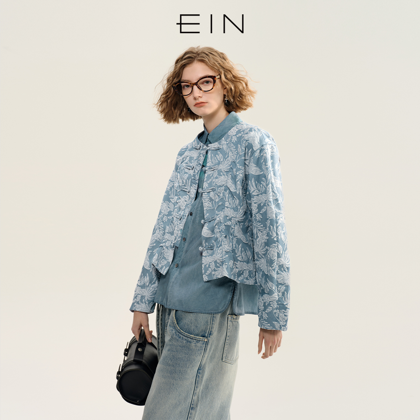 EIN/言新中式蓝调玉兰提花盘扣复古文艺牛仔短外套女2025早秋新款