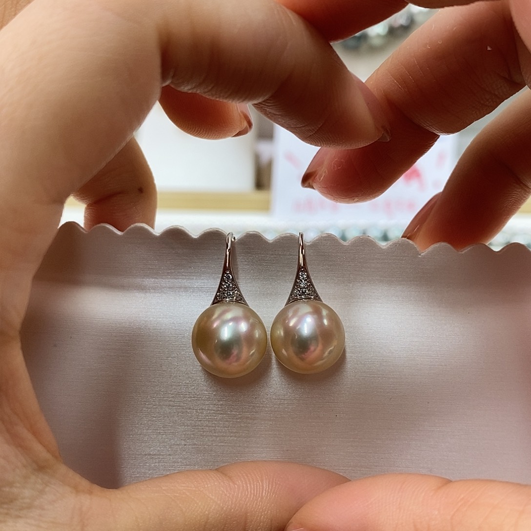 耳饰海水珍珠银S925镶嵌12m南洋金珠耳环（干枯玫瑰）