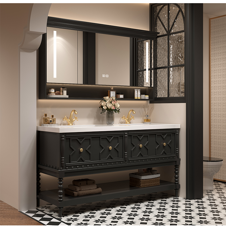 法式橡木双盆浴室柜组合陶瓷一体盆卫浴洗漱台落地式洗手脸盆定制