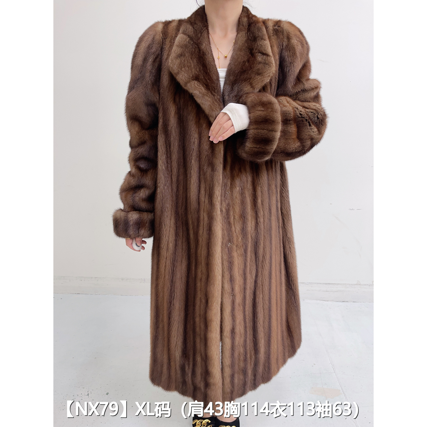 【NX79】XL 冷茶棕超长款全抽貂皮大衣外套女 翻领挽袖 22079