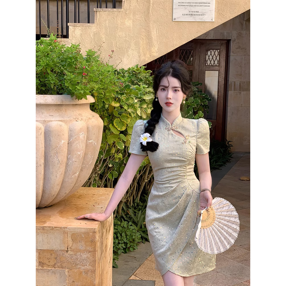 【春节倾仓】三重茶 新中式改良旗袍显瘦国风钉珠亮片提花短连衣裙