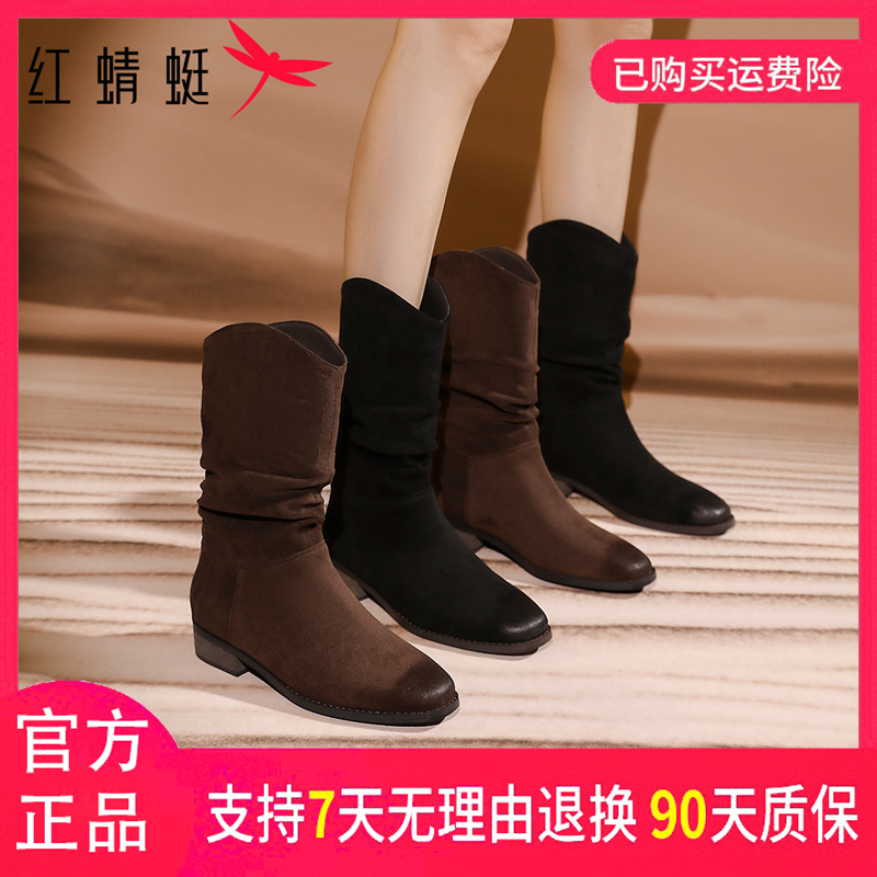 红蜻蜓女式春秋季休闲百搭舒适黑色粗跟英伦风中筒小方头厚底靴子