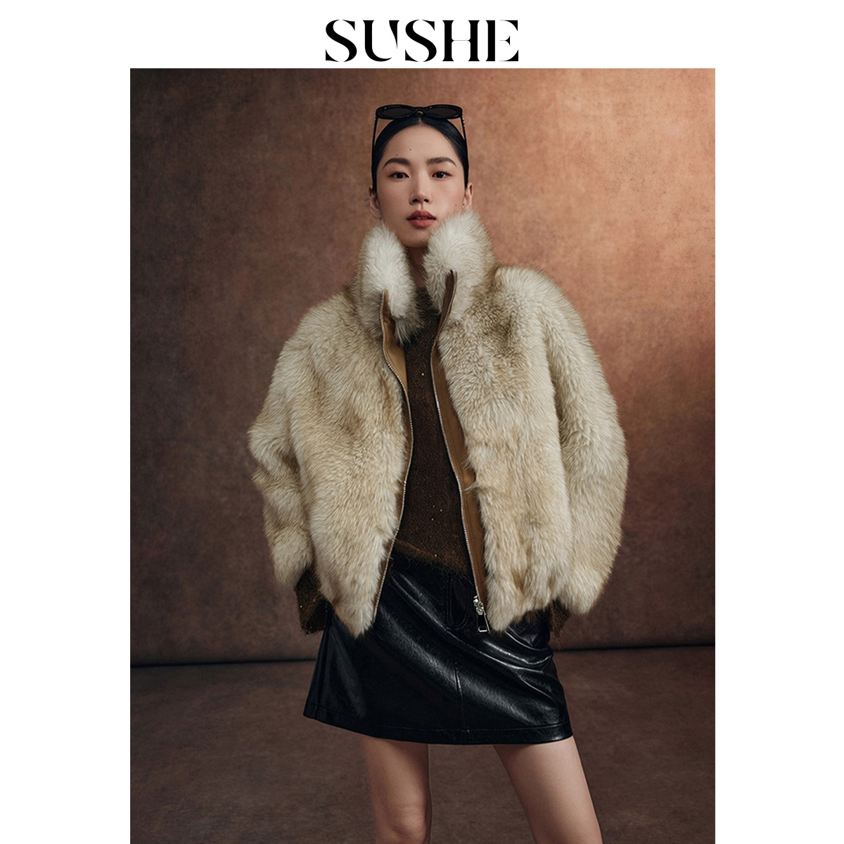 束皙 人造皮草 SUSHE【云裳】双面穿仿狐狸毛花苞廓形短款派克外套